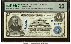 image for: Salt Lake City, UT - $5 1902 Date Back Fr. 594 The Deseret National Bank Ch. # (P)2059 PMG Very Fine 25 EPQ....