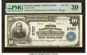image for: Roanoke Rapids, NC - $10 1902 Plain Back Fr. 633 The First National Bank Ch. # 5767 PMG Very Fine 30....