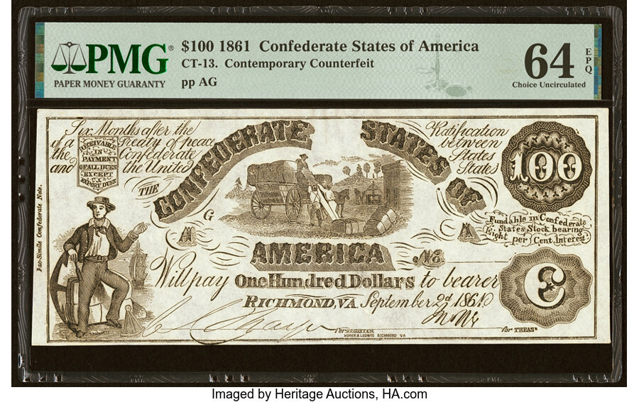 image for: CT13/56B $100 1861 Contemporary Counterfeit PMG Choice Uncirculated 64 EPQ....