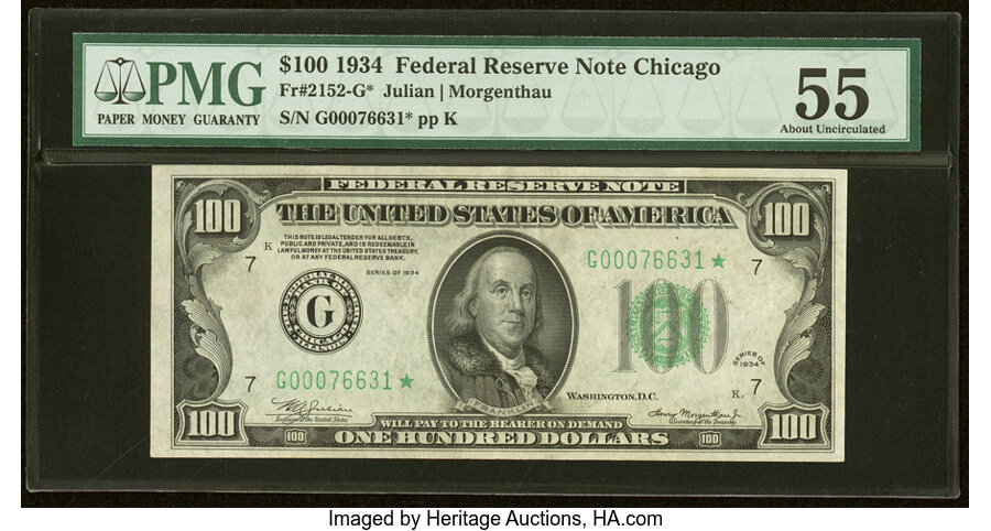 image for: Fr. 2152-G* $100 1934 Federal Reserve Star Note. PMG About Uncirculated 55....