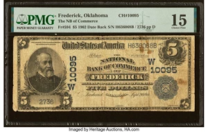 image for: Frederick, OK - $5 1902 Date Back Fr. 594 The National Bank of Commerce Ch. # (W)10095 PMG Choice Fine 15....