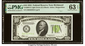 image for: Fr. 2004-E $10 1934 Light Green Seal Federal Reserve Note. PMG Choice Uncirculated 63 EPQ....