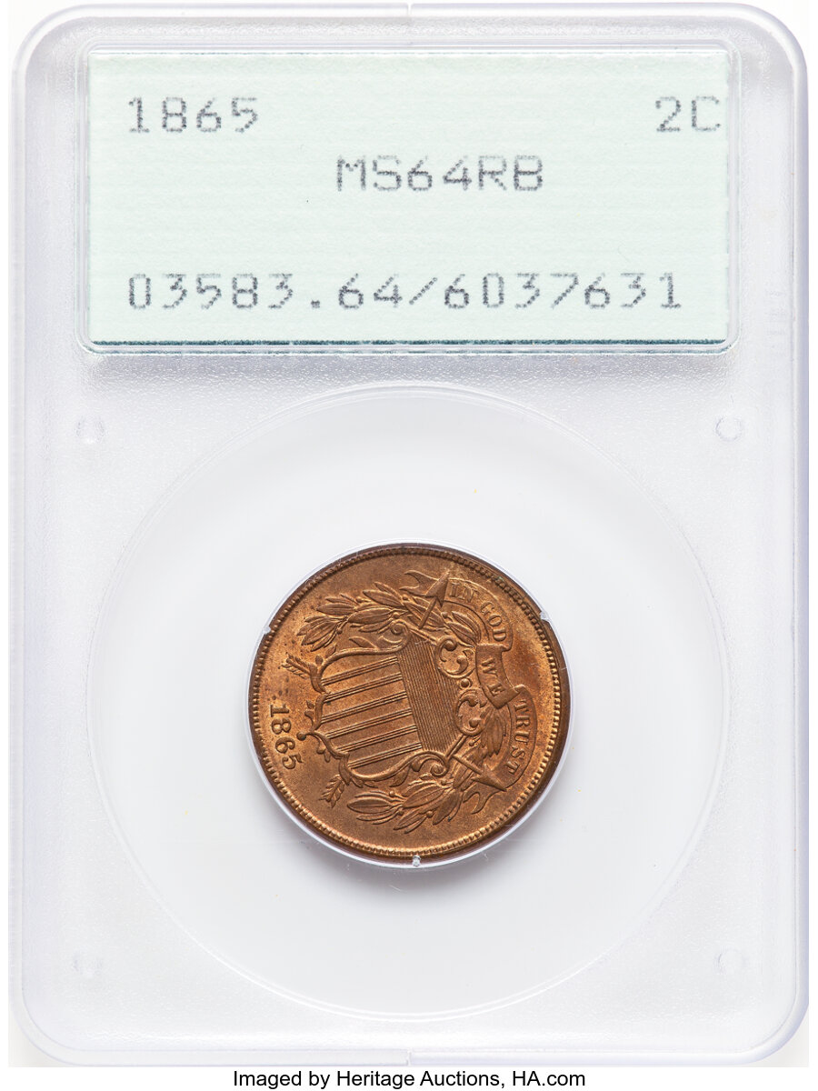 image for: 1865 2C Fancy 5 MS64 Red and Brown PCGS. Housed in a Generation 1.2 "rattler" holder. PCGS Population: (719/361). NGC Censu...