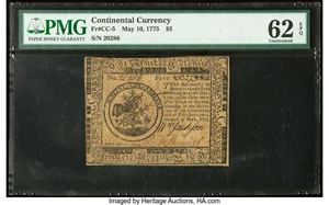image for: Continental Currency May 10, 1775 $5 PMG Uncirculated 62 EPQ....