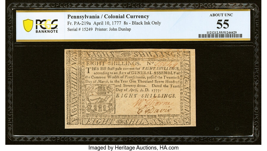 image for: Pennsylvania April 10, 1777 8s PCGS Banknote About Unc 55....