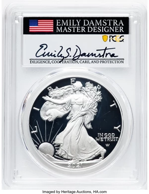 image for: 2021-W $1 Silver Eagle, Type Two, First Strike, Emily S. Damstra, PR70 Deep Cameo PCGS....
