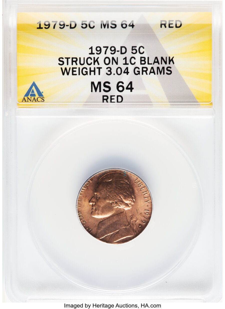 image for: 1979-D 5C Jefferson Nickel -- Struck on 1C Blank, Weight 3.04 Grams -- MS64 Red ANACS.  Mintage 325,867,672....