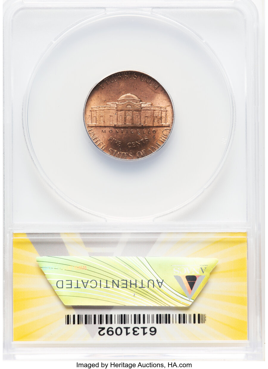 image for: 1979-D 5C Jefferson Nickel -- Struck on 1C Blank, Weight 3.04 Grams -- MS64 Red ANACS.  Mintage 325,867,672....