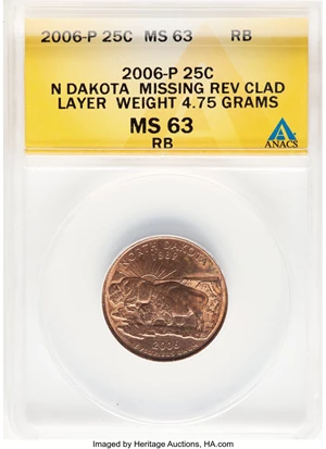 image for: 2006-P 25C North Dakota Statehood Quarter -- Missing Reverse Clad Layer, Weight 4.75 Grams -- MS63 Red and Brown ANACS....