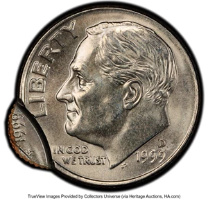 image for: 1999-D 10C Roosevelt Dime -- Double Struck, 2nd Strike 95% Off Center -- MS64 Full Bands PCGS. PCGS Population: (3/192 and ...