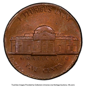 image for: 1978 5C Jefferson Nickel -- Struck on 1C Planchet -- MS62 Red and Brown PCGS. PCGS Population: (5/499 and 0/3+). Mintage 3...