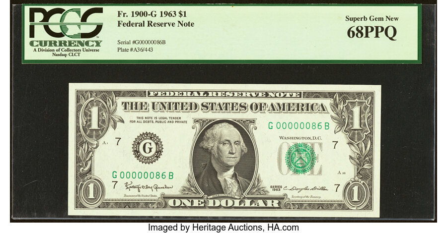 image for: Low Serial Number 86 Fr. 1900-G $1 1963 Federal Reserve Note. PCGS Superb Gem New 68PPQ....