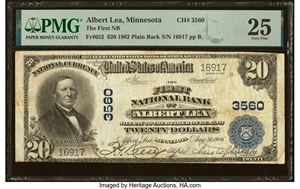 image for: Albert Lea, MN - $20 1902 Plain Back Fr. 652 The First National Bank Ch. # 3560 PMG Very Fine 25....