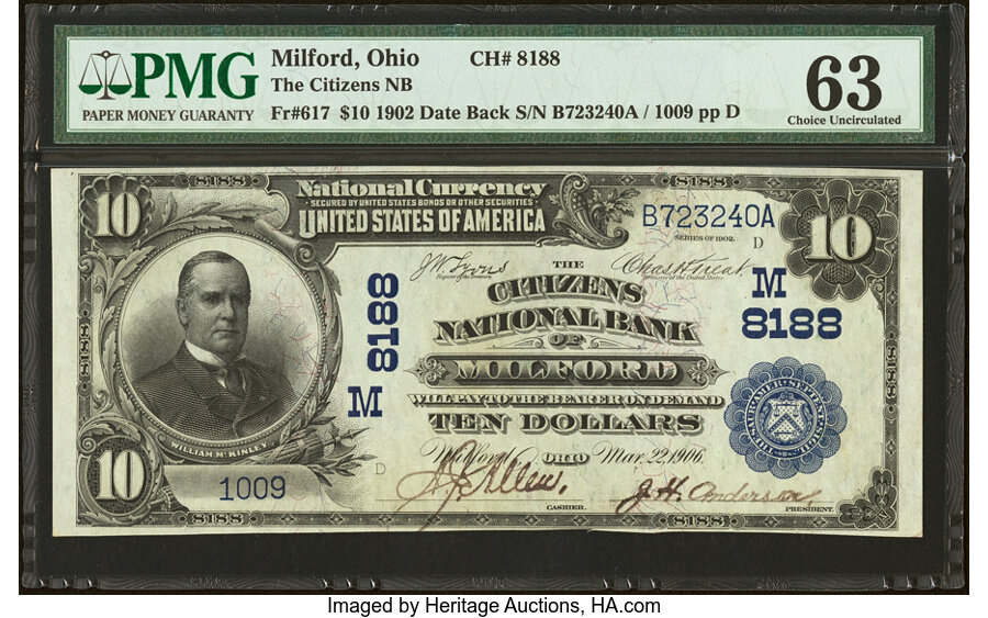 image for: Milford, OH - $10 1902 Date Back Fr. 617 The Citizens National Bank Ch. # (M)8188 PMG Choice Uncirculated 63....