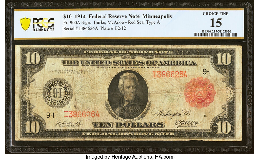 image for: Fr. 900A $10 1914 Red Seal Federal Reserve Note PCGS Banknote Choice Fine 15....