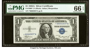 image for: Fr. 1608* $1 1935A Silver Certificate Star. *-A Block. PMG Gem Uncirculated 66 EPQ....