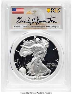 image for: 2021-S $1 Silver Eagle, Type Two, Advanced Release, PR70 Deep Cameo PCGS. Hand-signed, Emily S. Damstra....
