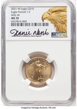 image for: 2021-W $10 Quarter Ounce Gold Eagle, Type Two, With W, Unfinished Proof Dies, MS70 NGC. Hand-signed, Jennie Norris....