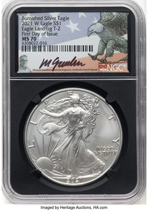 image for: 2021-W $1 Silver Eagle, Type Two, First Day of Issue, Burnished MS70 NGC. Hand-signed, Michael Gaudioso....