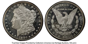 image for: 1880-CC $1 8 Over Low 7, VAM-6, MS63 Deep Mirror Prooflike PCGS. A Top 100 Variety. PCGS Population: (21/25)....