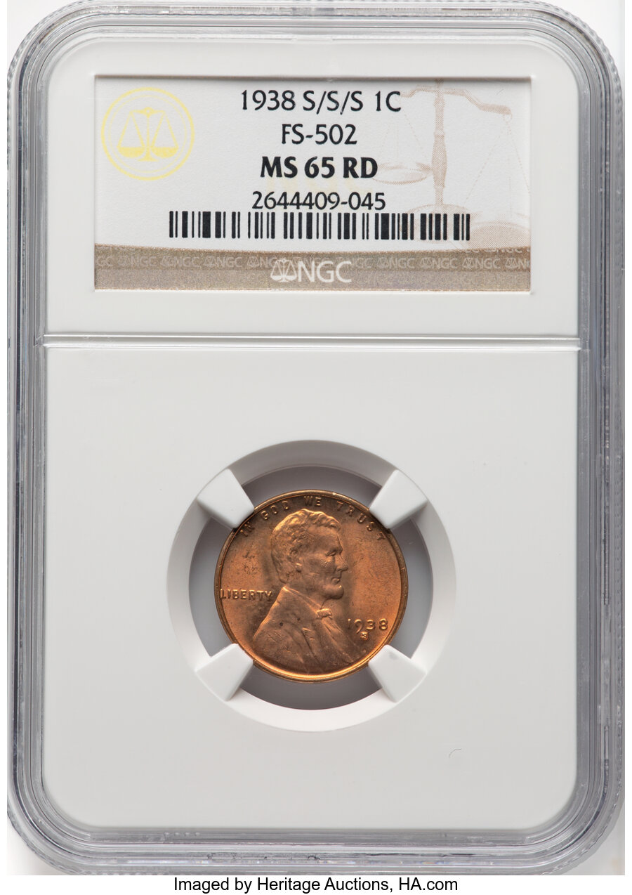 image for: 1938-S/S/S 1C Repunched Mintmark, FS-502 MS65 Red NGC....