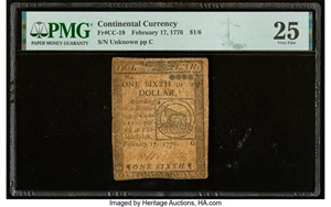 image for: Continental Currency February 17, 1776 $1/6 PMG Very Fine 25....
