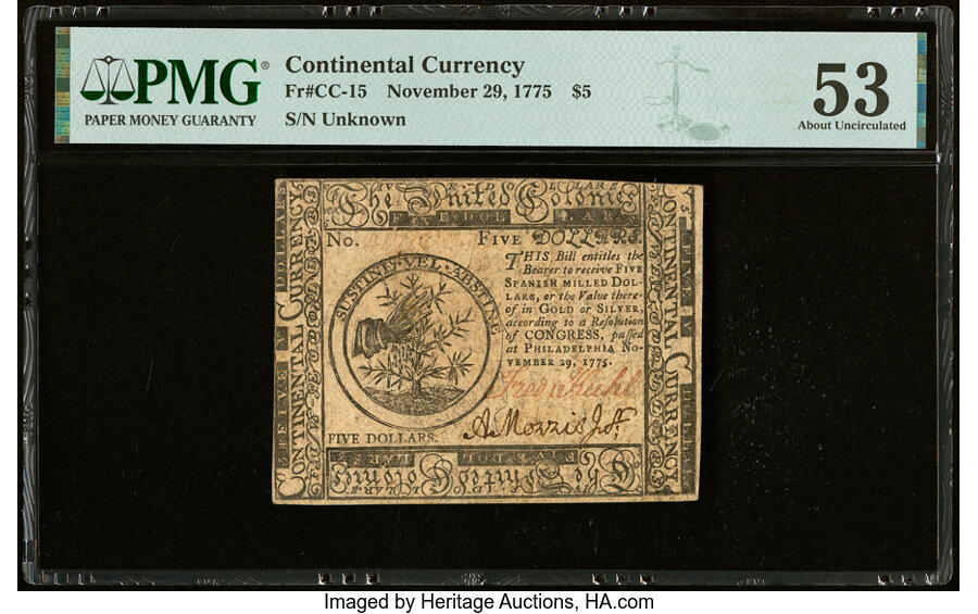 image for: Continental Currency November 29, 1775 $5 PMG About Uncirculated 53....