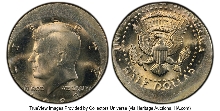 image for: 1983-P 50C Kennedy Half Dollar -- Struck 15% Off-Center -- MS62 PCGS. PCGS Population: (15/505 and 0/19+).  Mintage 34,139,...