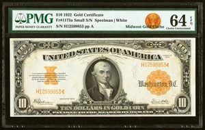 image for: Fr. 1173a $10 1922 Gold Certificate PMG Choice Uncirculated 64 EPQ....
