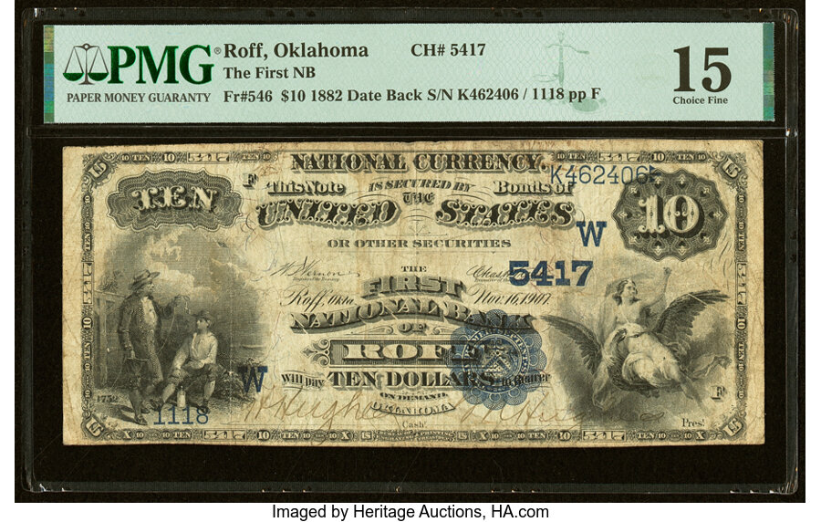 image for: Roff, OK - $10 1882 Date Back Fr. 546 The First National Bank Ch. # (W)5417 PMG Choice Fine 15....