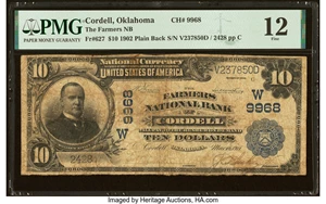 image for: Cordell, OK - $10 1902 Plain Back Fr. 627 The Farmers National Bank Ch. # (W)9968 PMG Fine 12....