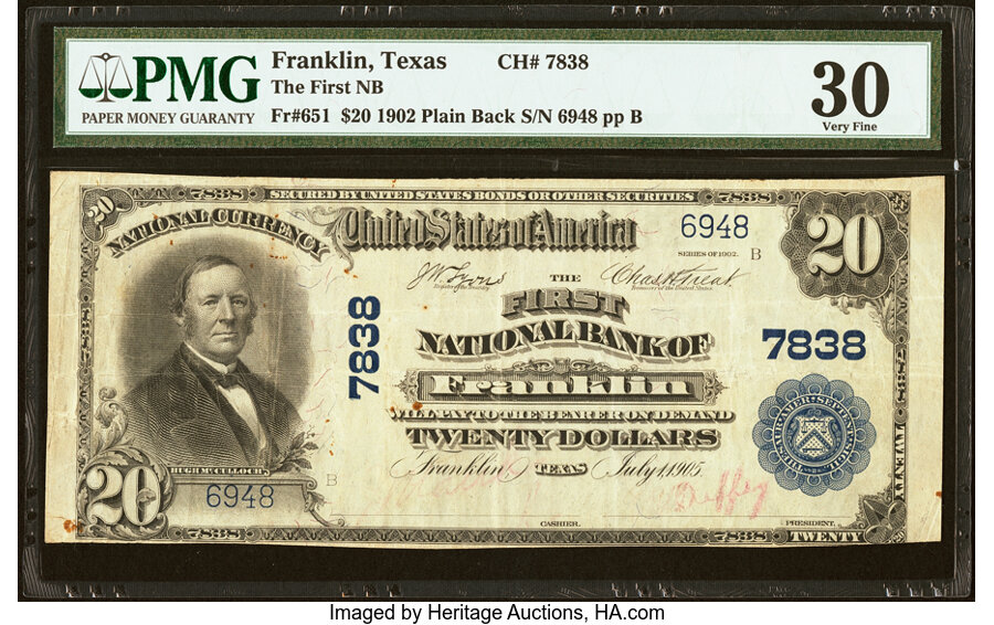 image for: Franklin, TX - $20 1902 Plain Back Fr. 651 The First National Bank Ch. # 7838 PMG Very Fine 30....