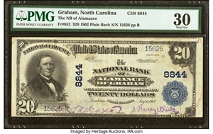 image for: Graham, NC - $20 1902 Plain Back Fr. 652 The National Bank of Alamance Ch. # 8844 PMG Very Fine 30....