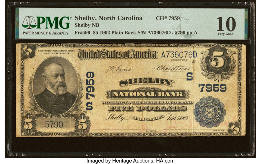 image for: Shelby, NC - $5 1902 Plain Back Fr. 599 Shelby National Bank Ch. # (S)7959 PMG Very Good 10....