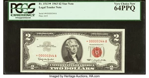 image for: Low Serial Number 344 Fr. 1513* $2 1963 Legal Tender Star Note. PCGS Very Choice New 64PPQ....