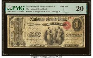 image for: Marblehead, MA - $1 Original Fr. 380 The National Grand Bank Ch. # 676 PMG Very Fine 20....