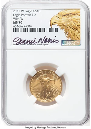 image for: 2021-W $10 Quarter Ounce Gold Eagle, Type Two, Unfinished Proof Dies, With W MS70 NGC. Jennie Norris, Authentic Hand-Signed...