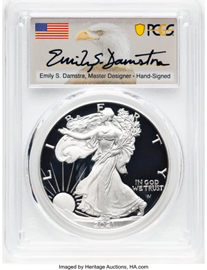 image for: 2021-S $1 Silver Eagle, Type Two, Advanced Release, PR70 Deep Cameo PCGS. Hand-signed, Emily S. Damstra....