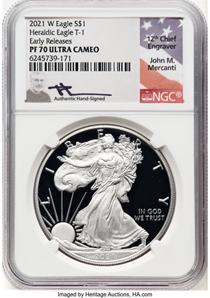 image for: 2021-W $1 Silver Eagle, Type One, Early Releases, PR70 Ultra Cameo NGC. Hand-signed, John M. Mercanti....