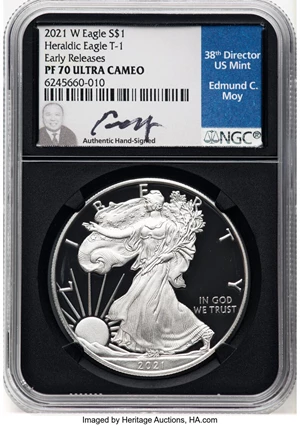 image for: 2021-W $1 Silver Eagle, Type One, Early Releases, PR70 Ultra Cameo NGC. Hand-signed, Edmund C. Moy....