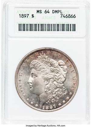 image for: 1897 $1 MS64 Deep Mirror Prooflike ANACS. Housed in a small-sized holder. Mintage 2,822,731. ...