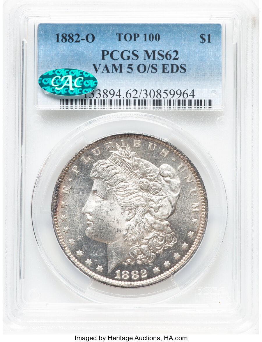 image for: 1882-O/S $1 O/S Broken, Early Die State, VAM-5, MS62 PCGS. CAC. A Top 100 Variety. PCGS Population: (9/1). NGC Census: (0/0...