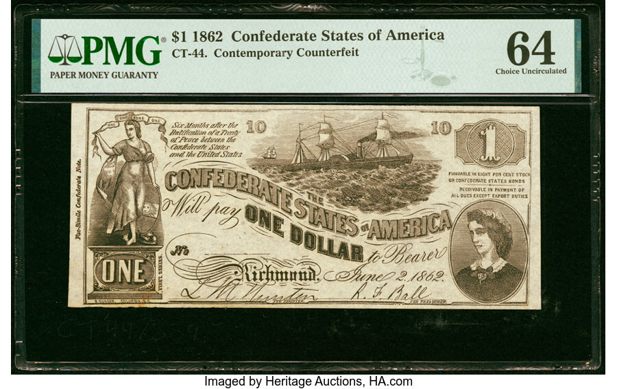 image for: CT44/339 Contemporary Counterfeit $1 1862 PMG Choice Uncirculated 64....