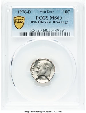 image for: 1976-D 10C Roosevelt Dime -- 10% Obverse Brockage -- MS60 PCGS. PCGS Population: (0/448). Mintage 695,222,774....