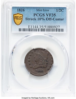 image for: 1826 1/2 C Classic Head Half Cent, C-1, B-1, R.1 -- Struck 10% Off-Center -- VF35 PCGS. PCGS Population: (43/473 and 0/4+)....