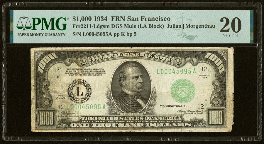 image for: Fr. 2211-L $1,000 1934 Mule Federal Reserve Note. PMG Very Fine 20....