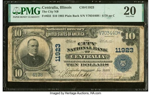 image for: Centralia, IL - $10 1902 Plain Back Fr. 633 The City National Bank Ch. # 11923 PMG Very Fine 20....