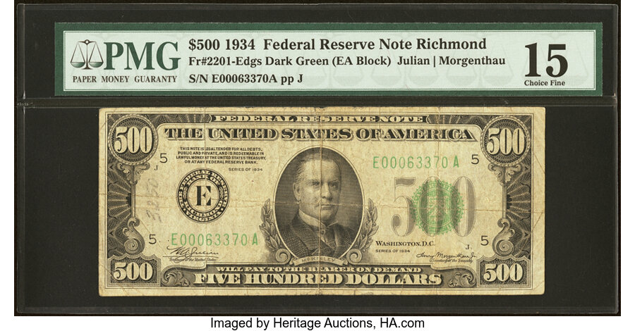 image for: Fr. 2201-E $500 1934 Federal Reserve Note. PMG Choice Fine 15....