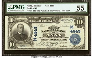 image for: Anna, IL - $10 1902 Plain Back Fr. 627 The First National Bank Ch. # (M)4449 PMG About Uncirculated 55....
