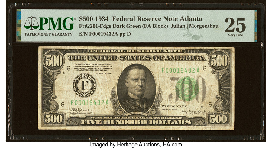 image for: Fr. 2201-F $500 1934 Federal Reserve Note. PMG Very Fine 25....